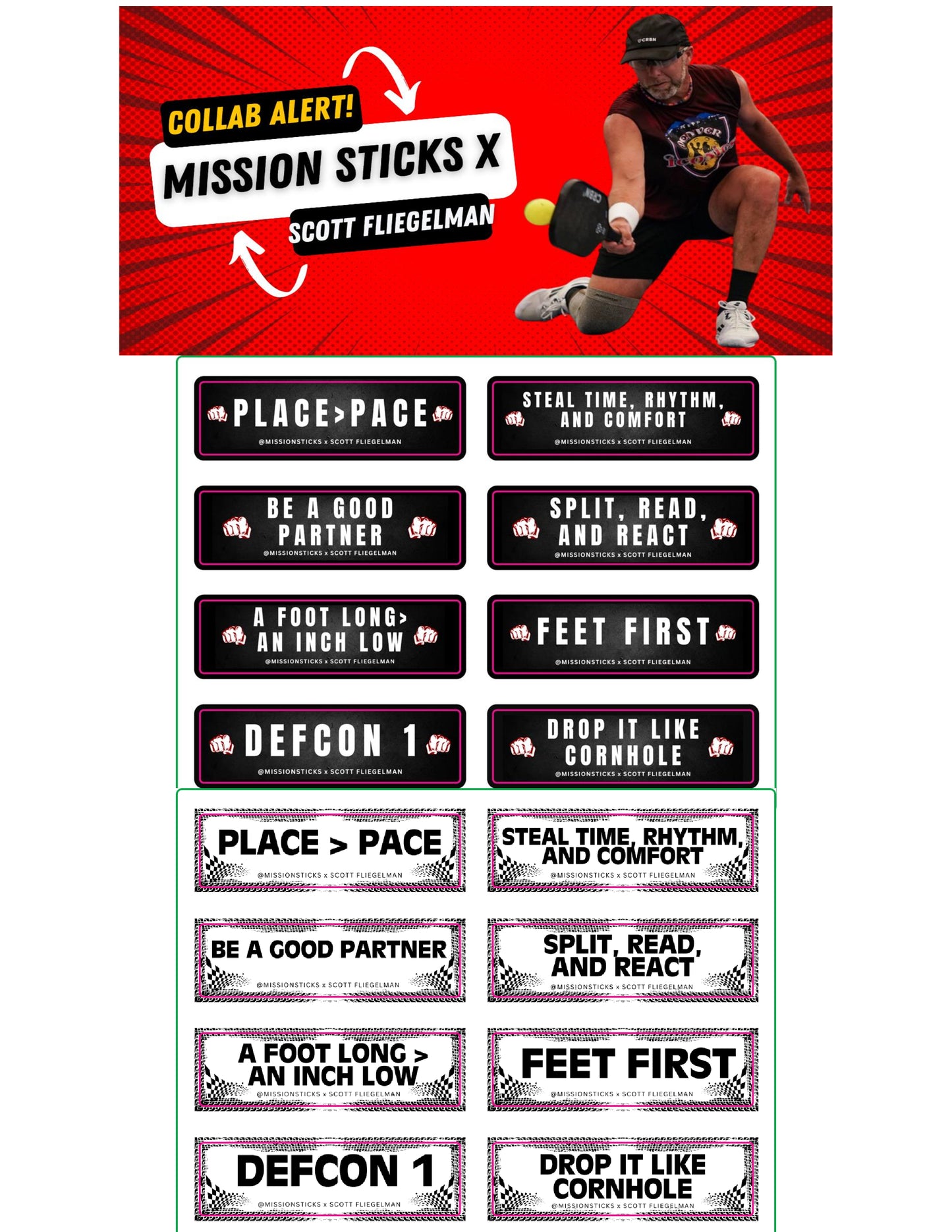 c. MISSION STICKS x Scott Fliegelman (8-Sticker Pack). Price is per pack. Choose black or white.